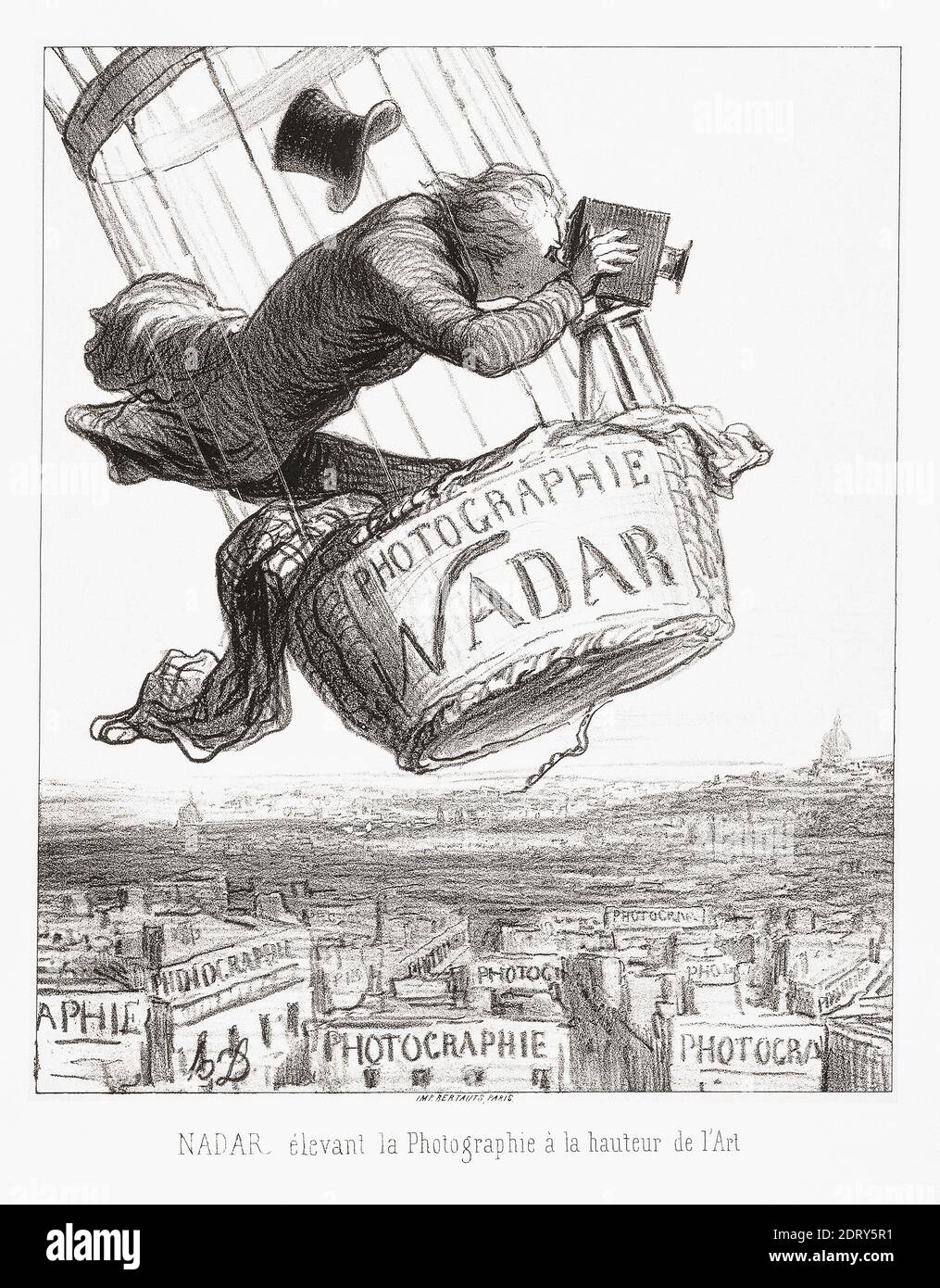 Nadar Elevating Photography to Art. Nach einer Arbeit von Honore Daumier aus der französischen Zeitschrift Le Boulevard, 25. Mai 1863. Nadar war das Pseudonym des französischen Fotografen Gaspard-Félix Tournachon, 1820 – 1910. Unter seinen vielen Leistungen als Fotograf war Nadar der erste, der Luftaufnahmen machte. Stockfoto