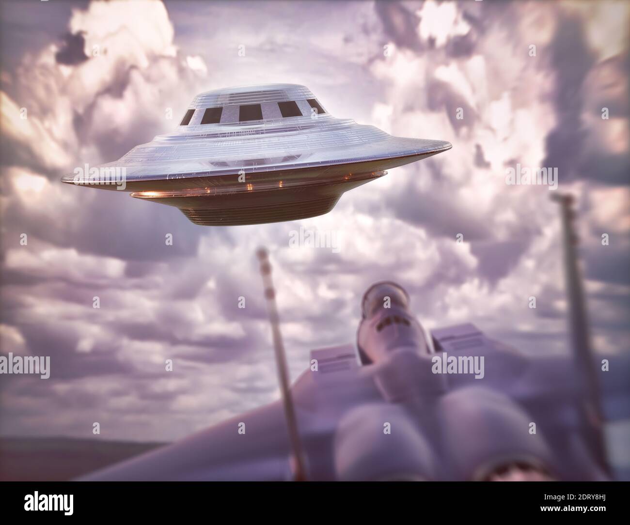 Überschallflugzeug jagen UFO. Nicht identifiziertes fliegendes Objekt, das über den Himmel fliegt. 3D-Illustration. Stockfoto