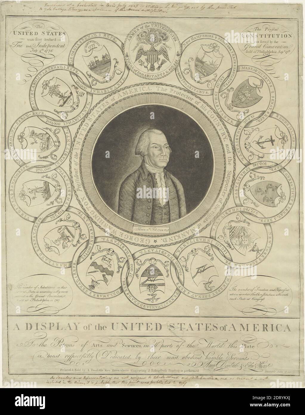 Künstler: Amos Doolittle, Amerikaner, 1754–1832, A Display of the United States of America, Gravur, Blatt: 55.4 × 43.5 cm (21 13/16 × 17 1/8 in.), Bibliothekstransfer, George Washington übernahm im April 1789 sein Amt, und in diesem Jahr fertigte Amos Doolittle diesen Stich an. Washingtons zentrale Bedeutung für das Bild spiegelt die epochalen Proportionen von Washingtons Ruhm wider: Allein die Tatsache, dass Doolittle diesen Druck in den nächsten sechs Jahren fünf weitere Male neu aufführen würde, zeugt von der enormen Popularität des Präsidenten. Die neue Nation wird in diesem Druck gefeiert, der in einer Serie von dreizehn verbundenen Ringen dargestellt wird Stockfoto