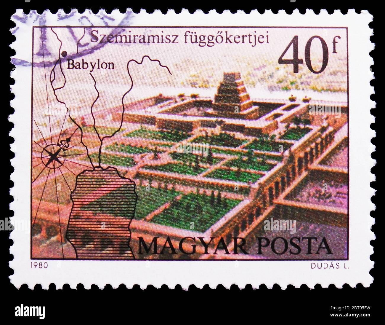 MOSKAU, RUSSLAND - 21. FEBRUAR 2019: Eine in Ungarn gedruckte Briefmarke zeigt Hanging Gardens of Semiramis, Seven Wonders of the Ancient World Serie, um 198 Stockfoto