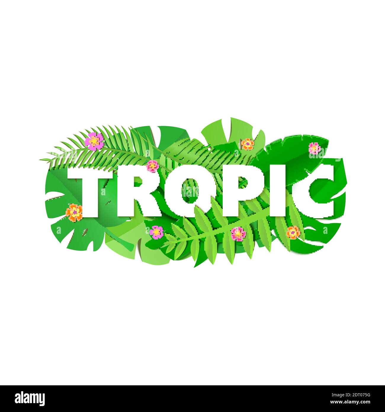 Wort TROPIC Komposition mit grünen Dschungelblättern und Blumen auf weißem Hintergrund in Papierschnitt-Stil. Tropische Handwerk Blatt weißen Buchstaben für Design Stock Vektor