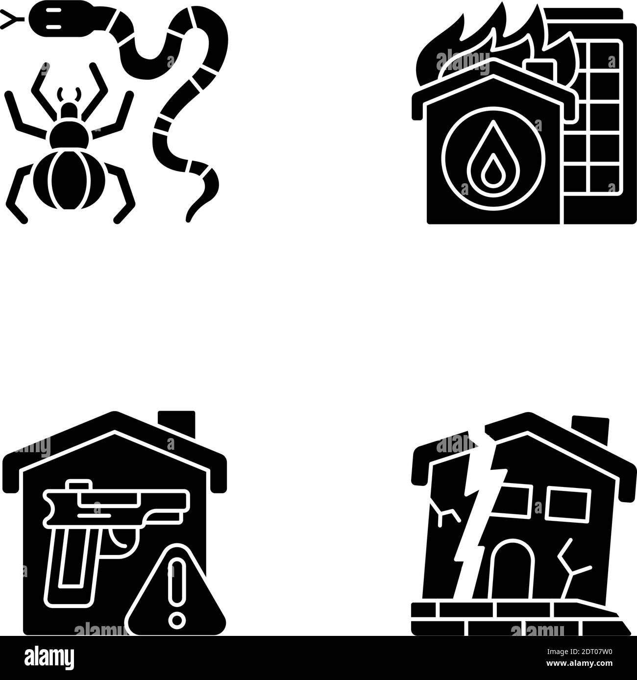 Home Gefahren Prävention schwarze Glyphen Symbole auf weißen Raum gesetzt Stock Vektor