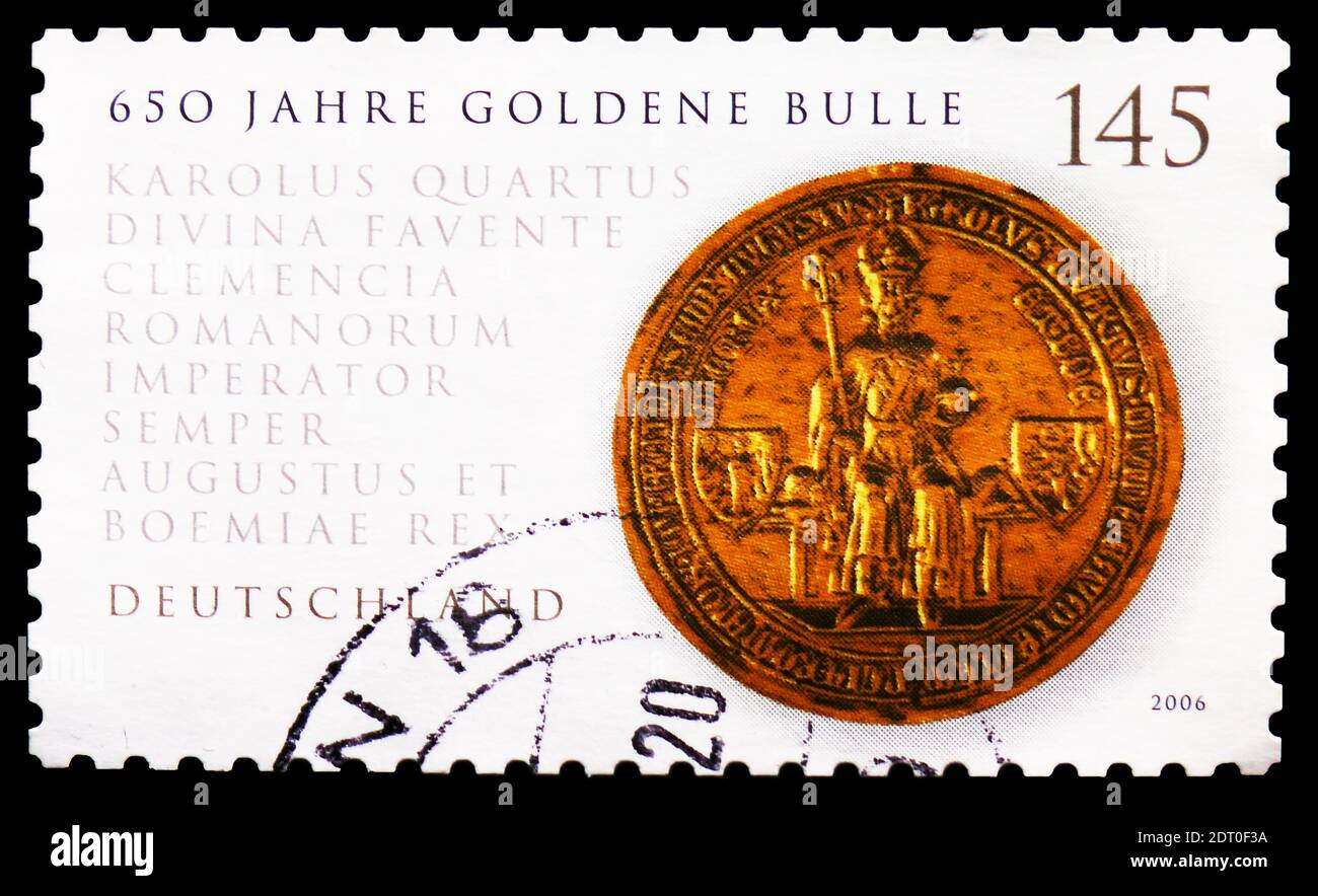 MOSKAU, RUSSLAND - 21. FEBRUAR 2019: Eine in Deutschland, Bundesrepublik gedruckte Briefmarke zeigt Goldsiegel von König Karl IV. Auf der 'Golden Bull', Serie, um Stockfoto