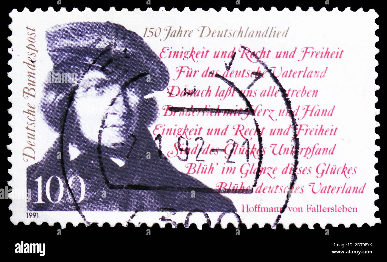 MOSKAU, RUSSLAND - 21. FEBRUAR 2019: Eine in Deutschland gedruckte Briefmarke zeigt August Heinrich Hoffman von Fallersleben, 150. Jahrestag der Stockfoto