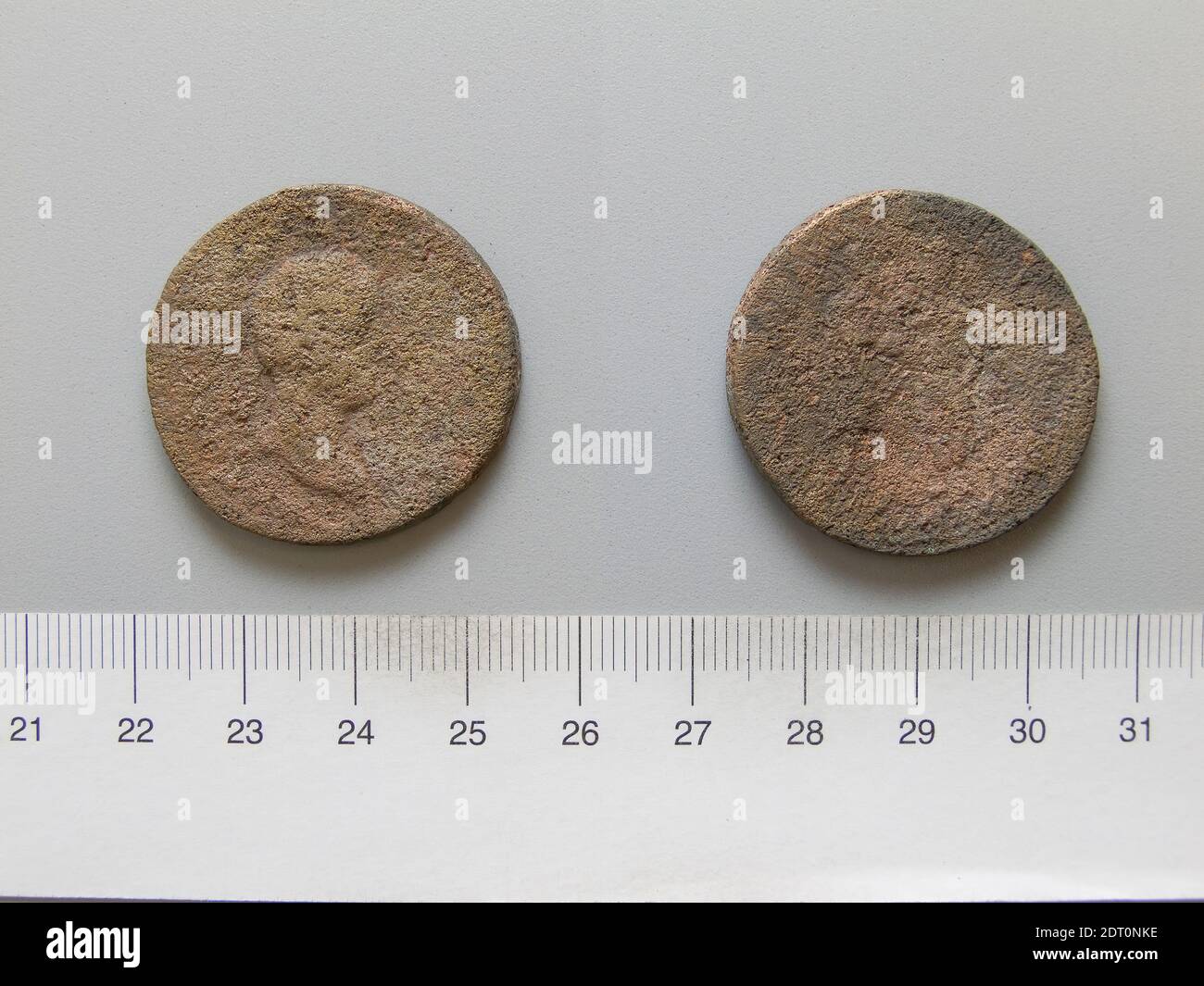 Herrscher: Gordian III, Kaiser von Rom, 225–244, regiert 238–44, Herrscher: Abgar X, König von Edessa, regiert 242–44 n. Chr., Münzstätte: Edessa, Mesopotamien, Münze von Gordian III, Kaiser von Rom; Abgar X, König von Edessa von Edessa, 238–44 n. Chr., Kupfer, 14.87 g, 5:00, 33.2 mm, ausgegraben in Dura-Europos, römische Numismatik, Edipotamien, 3. Jahrhundert Stockfoto