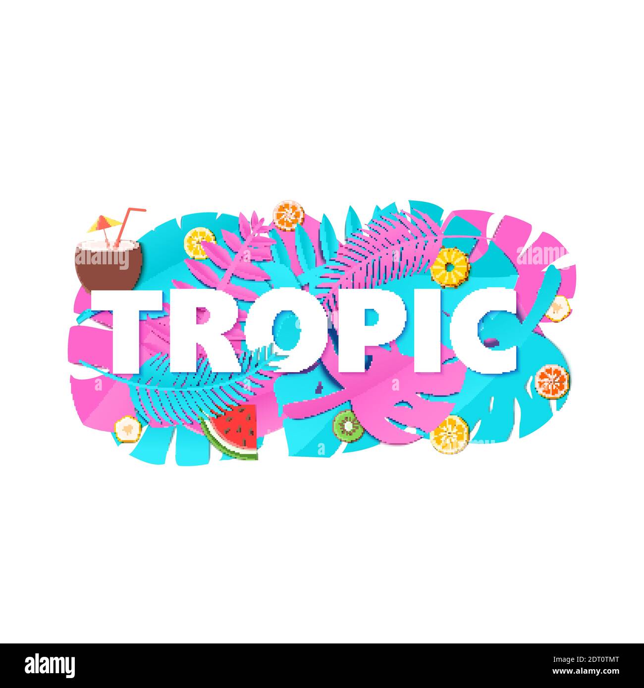 Word TROPIC Komposition mit kreativen rosa blauen Dschungelblättern und Früchten auf weißem Hintergrund im Papierschnitt-Stil. Tropische Blatt Buchstaben für Poster Stock Vektor
