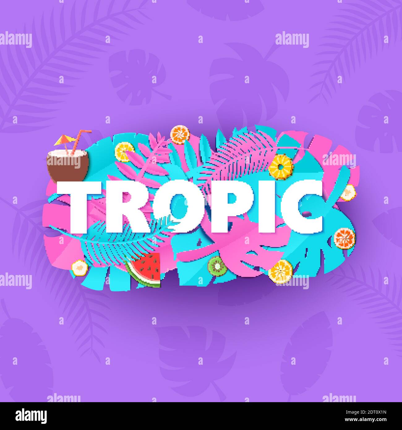 Word TROPIC Komposition mit kreativen rosa blauen Dschungelblättern und Früchten auf purpurem Hintergrund im Papierschnitt-Stil. Tropische Blatt Buchstaben für Poster Stock Vektor