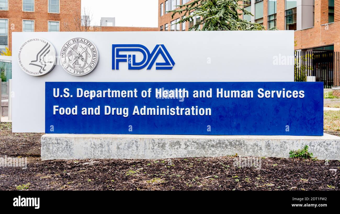 Washington, USA- January13, 2020: FDA unterzeichnet vor ihrem Hauptsitz in Washington. Stockfoto
