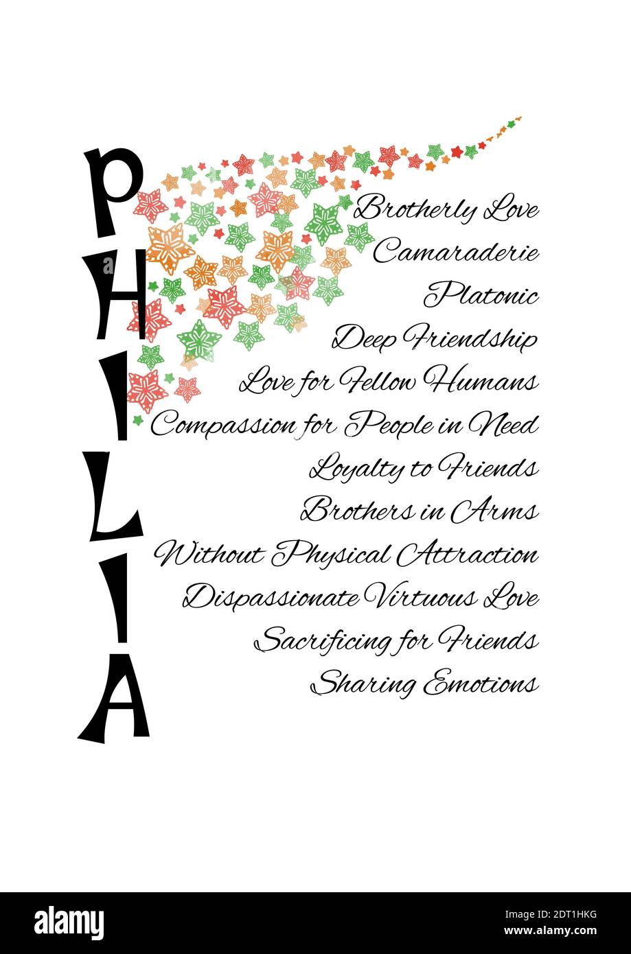 Typografische Illustration von Philia – Griechisch für Bruderliebe. Griechen haben etwa 6 verschiedene Wörter für Liebe, jedes beschreibt verschiedene Attribute Stockfoto