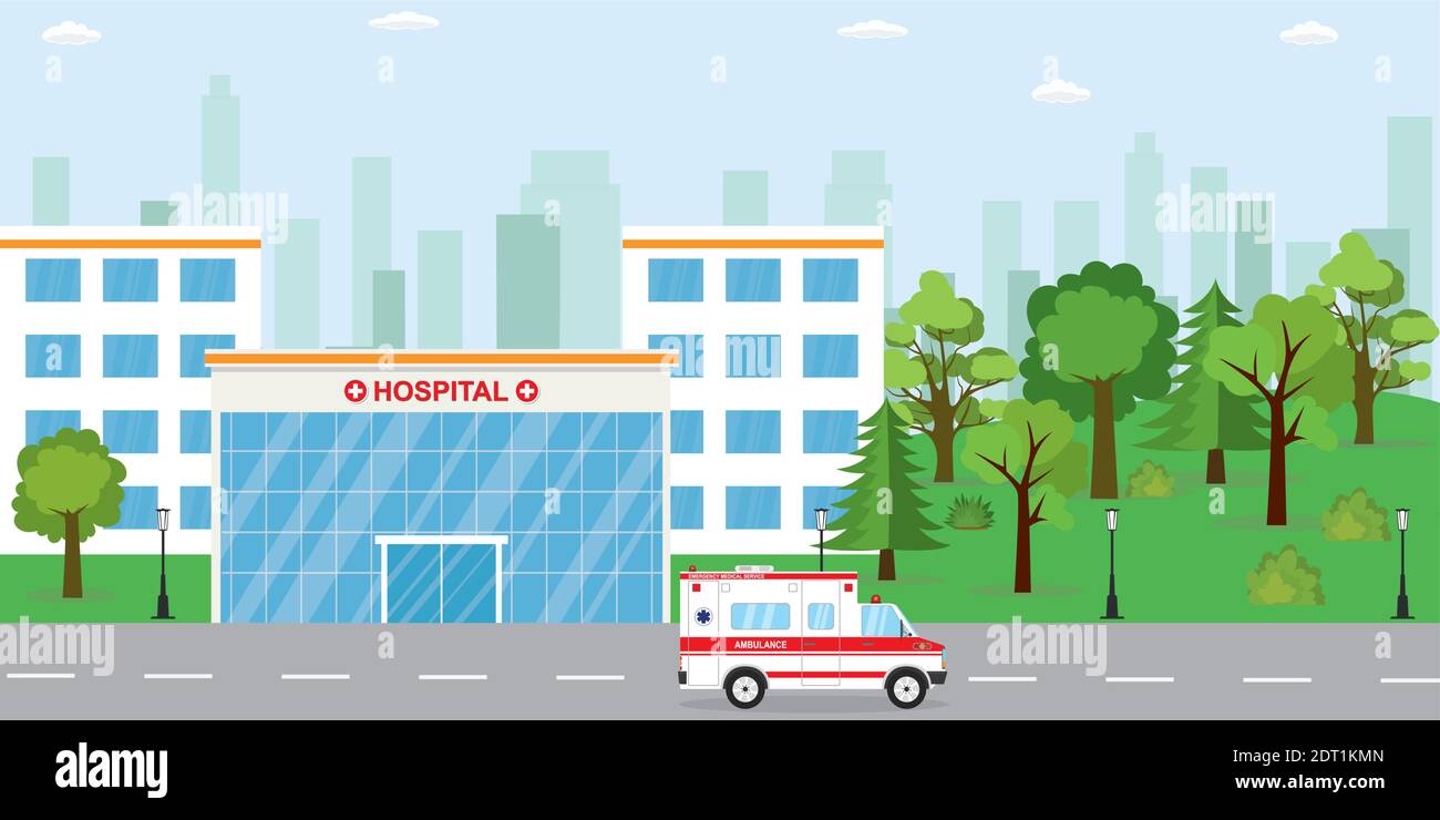 Modernes Krankenhausgebäude, Ambulanzauto und Parkplatz in der Nähe, Silhouette der Stadtgebäude auf dem Hintergrund, flache Vektordarstellung. Stock Vektor
