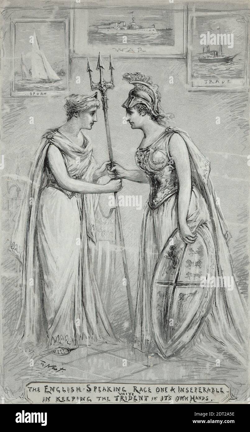 Künstler: Thomas Nast, Amerikaner, 1840–1902, The English-speaking Race One and Unzertrennlich in Keeping the Trident in IT’s Own Hands, Pen und schwarze Tinte, Graphit, schwarzer Buntstift, mit Weiß verstärkt, Blatt: 57.2 × 36.1 cm (22 1/2 × 14 3/16 in.), hergestellt in den Vereinigten Staaten, Amerikaner, 19. Jahrhundert, Werke auf Papier - Zeichnungen und Aquarelle Stockfoto