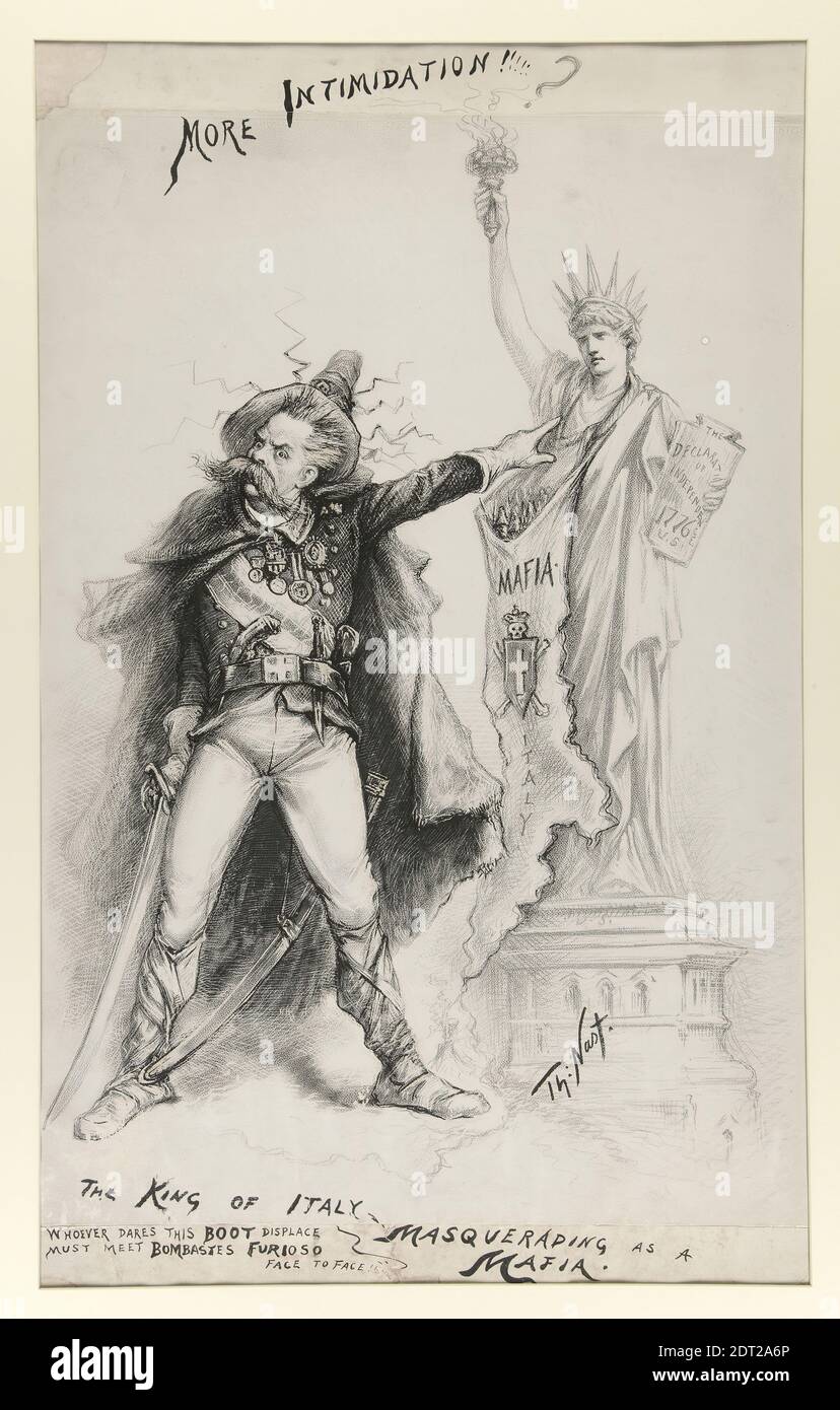Künstler: Thomas Nast, Amerikaner, 1840–1902, der König von Italien Masquerading as a Mafia, Stift und schwarze Tinte, und schwarze Kreide/Kohle, Bild: 72.8 × 35 cm (28 11/16 × 13 3/4 in.), Made in United States, American, 19. Jahrhundert, Werke auf Papier - Zeichnungen und Aquarelle Stockfoto