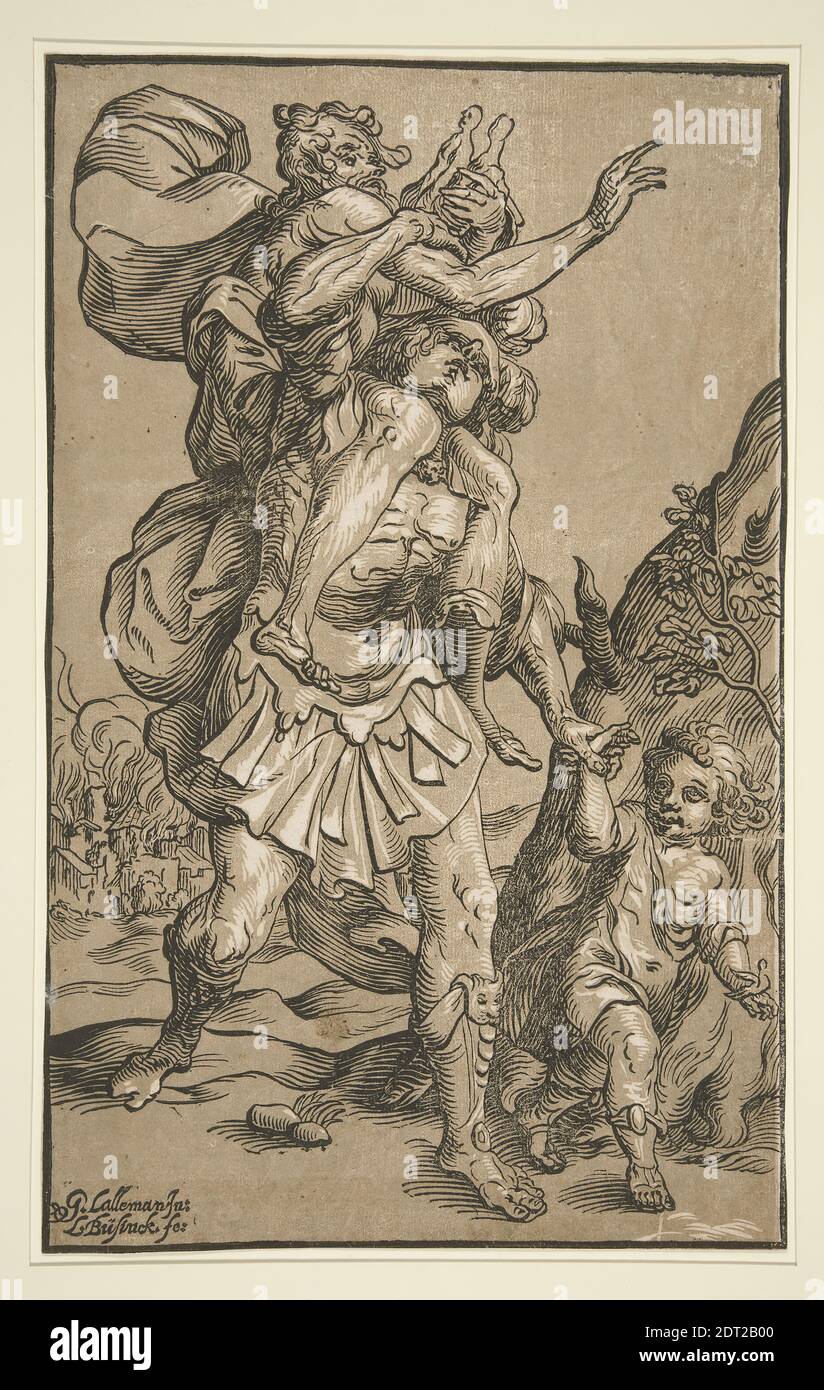 Holzfäller: Ludwig Büsinck, deutsch, 1590–1650, danach: Georges Lallemand, französisch, ca. 1580–1636, Aeneas Saving His Father from Burning Troy, ca. 1620–40, Holzschnitt Chiaroscuro, Blatt: 34.9 × 21.8 cm 13 3/4, Made in Germany, deutsch, 17. Jahrhundert, Arbeiten auf Papier - × 9/16 Drucke Stockfoto