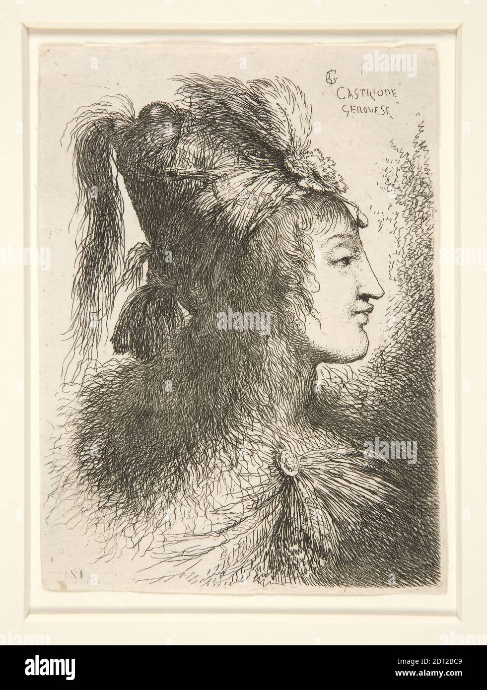 Künstler: Giovanni Benedetto Castiglione, italienisch, 1609–1664, Kopf der jungen Frau im Profil gesehen und nach rechts gedreht., aus der Serie Les petites tetes d’hommes…….B. 47, Radierung, Platemark: 11.1 × 8.2 cm (4 3/8 × 3 1/4 in.), italienisch, 17. Jahrhundert, Arbeiten auf Papier - Drucke Stockfoto