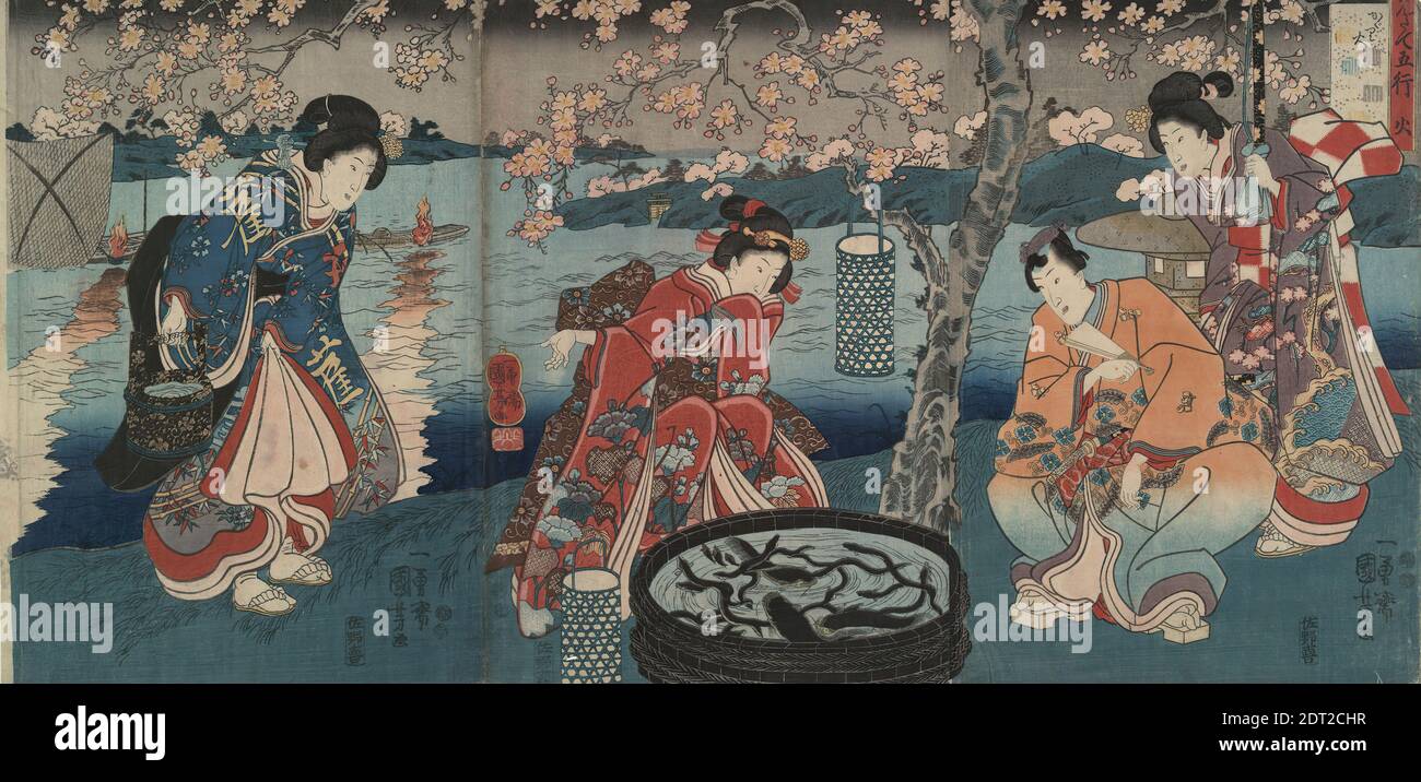Künstler: Utagawa Kuniyoshi, japanisch, 1798–1861, Watch Fire, Fire from Five Elements of the Environment, ca. 1847–52, Polychromer Holzschnitt; Triptychon, Blatt: 14 1/2 × 29 in. (36.8 × 73.7 cm), Japan, Japanisch, Edo-Zeit (1615–1868), Arbeiten auf Papier - Drucke Stockfoto