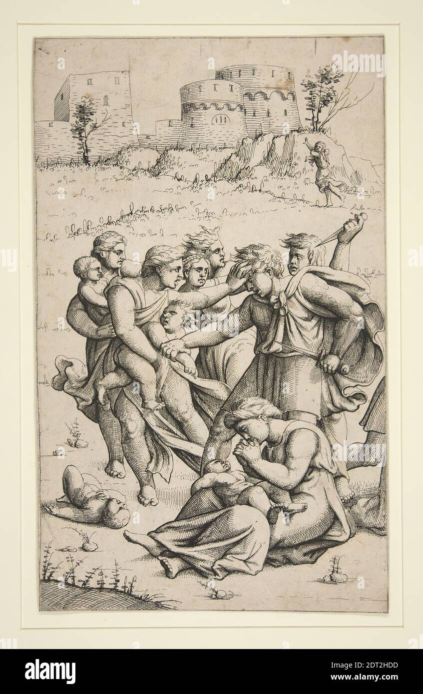 Künstler: Augustin Hirschvogel, deutsch, 1503–1553, das Massaker der Unschuldigen (Mittelblatt aus Serie von 3 Blättern), Radierung, Blatt: 27.6 × 16.8 cm (10 7/8 × 6 5/8 Zoll), Made in Germany, deutsch, 16. Jahrhundert, Arbeiten auf Papier - Drucke Stockfoto