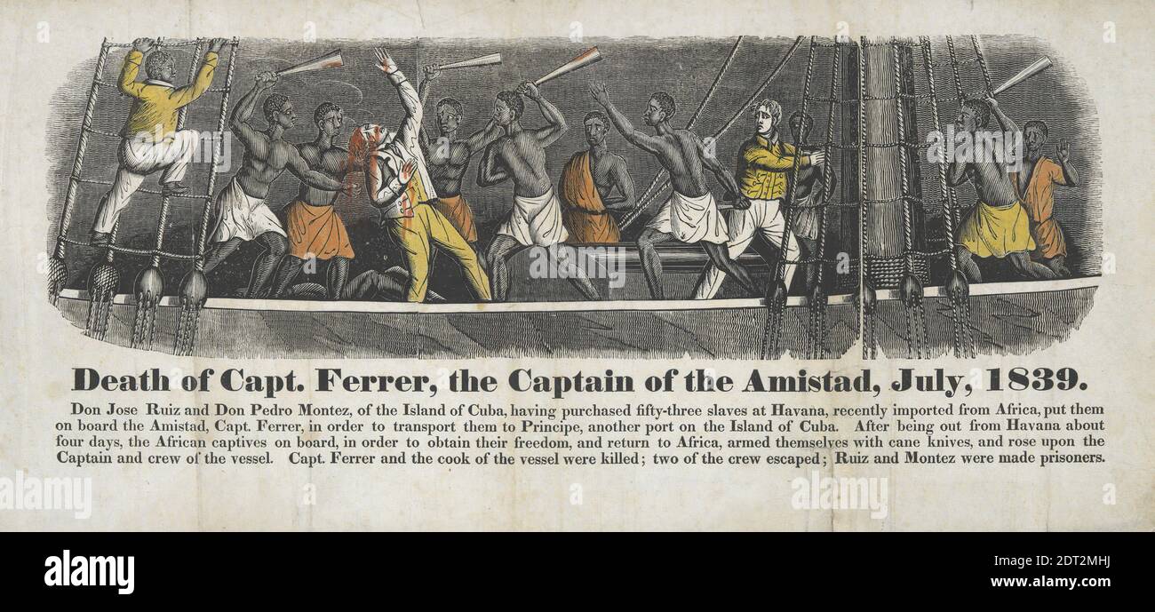 Künstler: John Warner Barber, Amerikaner, 1798–1885, Tod von Capt. Ferrer, dem Kapitän der Amistad, Juli 1839, 19. Jahrhundert, Holzschnitt und Aquarell, Blatt: 20.64 × 46.99 cm (8 1/8 × 18 1/2 in.), in einem verzweifelten Versuch, in die Häuser zurückzukehren, aus denen sie entführt und in Gefangenschaft verkauft worden waren, eine Gruppe von Westafrikanern unter der Leitung von Sengbeh Pieh, Oder Joseph Cinqué, der im Juli 1839 auf der Reise in die Karibik an Bord des Schoner Amistad mutierte. Die Amistad und ihre Passagiere trieben die amerikanische Küste hinauf, bis die US Navy sie in Long Island Sound in Gewahrsam nahm. Stockfoto