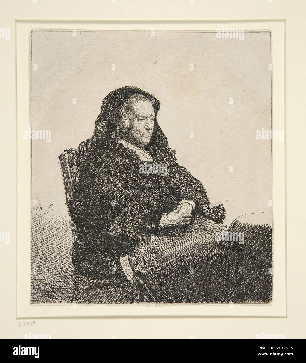 Künstler: Rembrandt (Rembrandt van Rijn), Holländisch, 1606–1669, die Mutter des Künstlers sitzt an einem Tisch, nach rechts: Dreiviertel Länge, ca. 1631, Radierung, 14.9 × 13.1 cm (5 7/8 × 5 3/16 in.), Made in the Netherlands, Holländisch, 17. Jahrhundert, Arbeiten auf Papier - Drucke Stockfoto