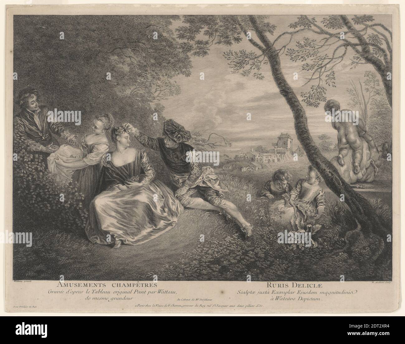 Radierer: Benoit Audran, französisch, 1698–1772, nach: Jean-Antoine Watteau, französisch, 1684–1721, Amusements Champetres, Radierung und Gravur, französisch, 18. Jahrhundert, Arbeiten auf Papier - Drucke Stockfoto