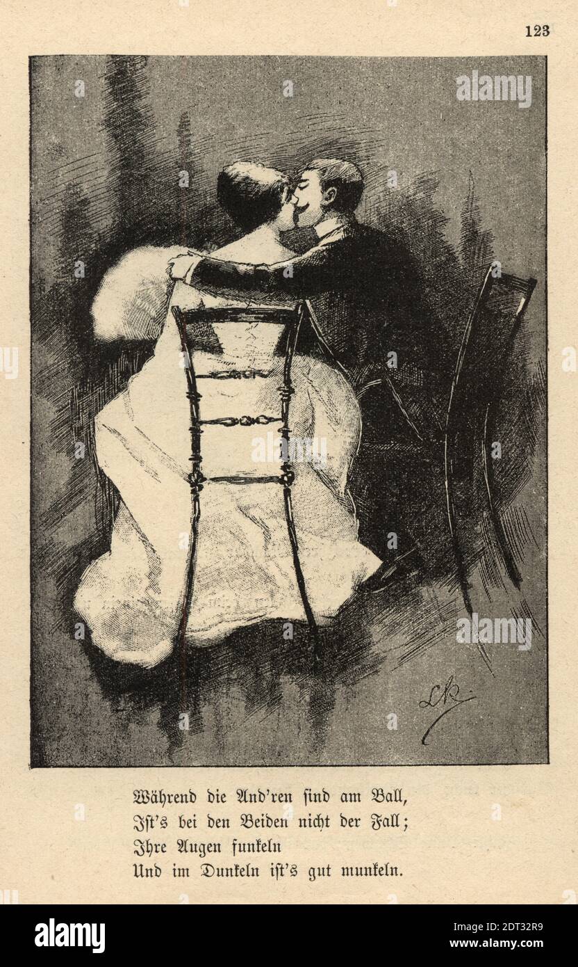 Viktorianische deutsche Karikatur eines jungen Paares küssen, 19. Jahrhundert. Während die anderen am Ball sind, ist das bei beiden nicht der Fall; bei deinen Augen Stockfoto