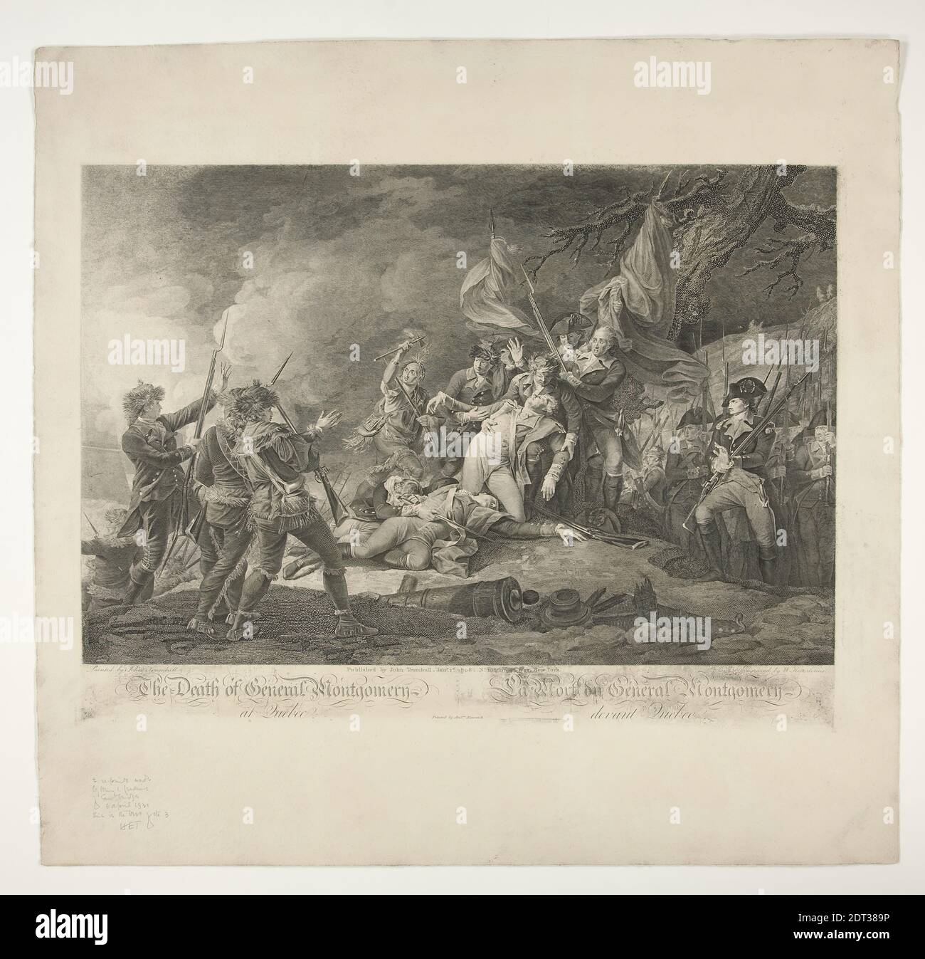 Künstler: Christian Wilhelm Ketterlinus, deutsch, 1766–1803, nach: John Trumbull, Amerikaner, 1756–1843, der Tod von General Montgomery in Quebec, Gravur, Bild: 37.5 × 50.4 cm (14 3/4 × 19 13/16 in.), Made in Germany, deutsch, 19. Jahrhundert, Arbeiten auf Papier - Drucke Stockfoto