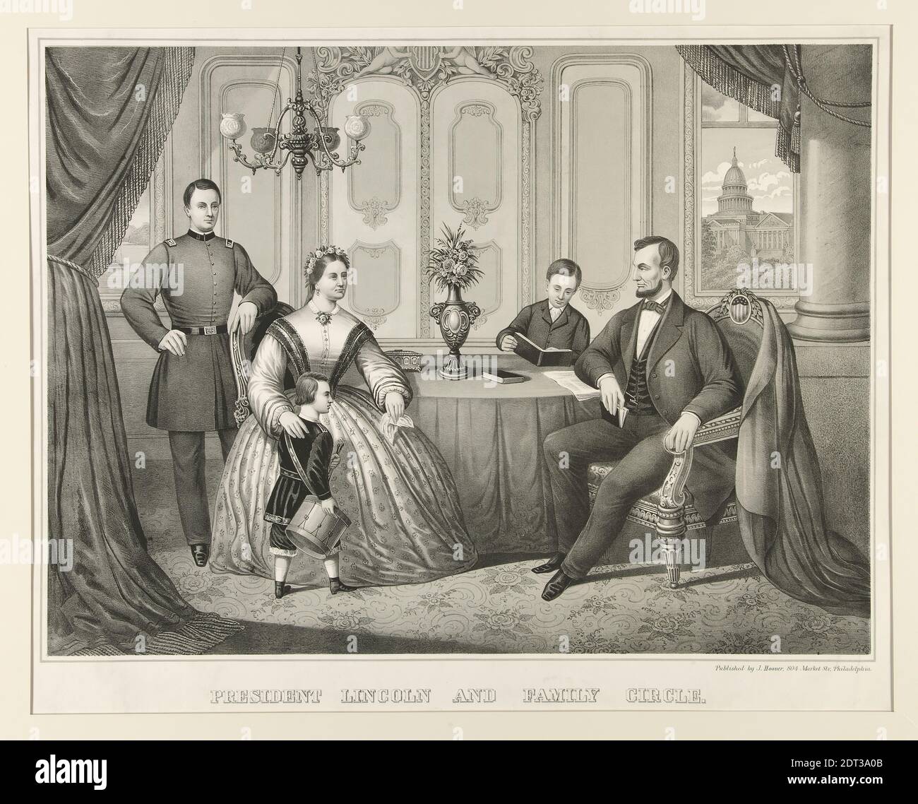 Lithograph: Unbekannt, Präsident Lincoln und Familie Kreis, Lithographie, Bild: 43.5 × 59 cm (17 1/8 × 23 1/4 in.), hergestellt in den Vereinigten Staaten, Amerikaner, 19. Jahrhundert, Werke auf Papier - Drucke Stockfoto