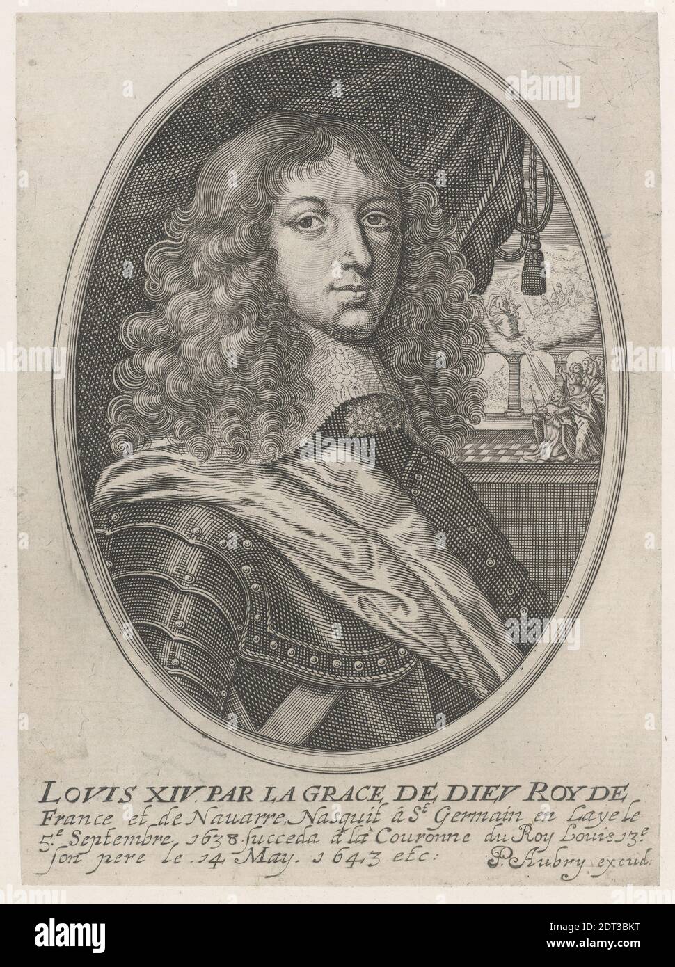 Künstler: Pierre Aubry, französisch, 1610–1686, Portrait von Louis XIV (Louis XIV par la Grace de Dieu Roy de France et de Navarre), nach 1643, Gravieren mit Chine collé, Bild: 15.56 × 11.43 cm (6 1/8 × 4 1/2 in.), französisch, 17. Jahrhundert, Arbeiten auf Papier - Drucke Stockfoto