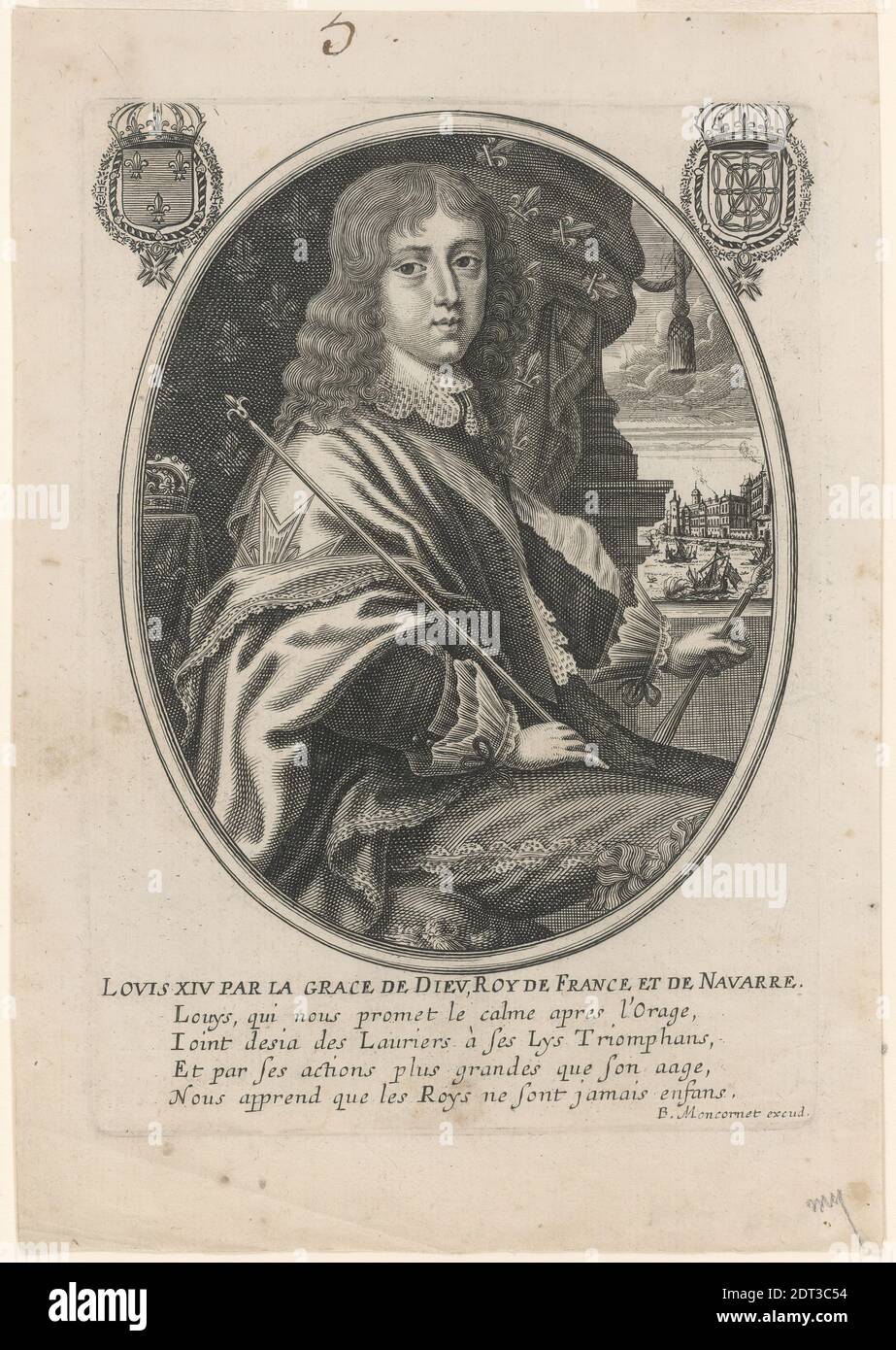 Künstler: Balthasar Moncornet, Französisch 1600-1688, Porträt von Ludwig XIV., König von Frankreich und Navarra (Ludwig XIV. Par la Grace de Dieu, Roy de France et de Navarre), Gravur, Platemark: 16.19 × 10.48 cm (6 3/8 × 4 1/8 in.), Französisch, 17. Jahrhundert, Arbeiten auf Papier - Drucke Stockfoto