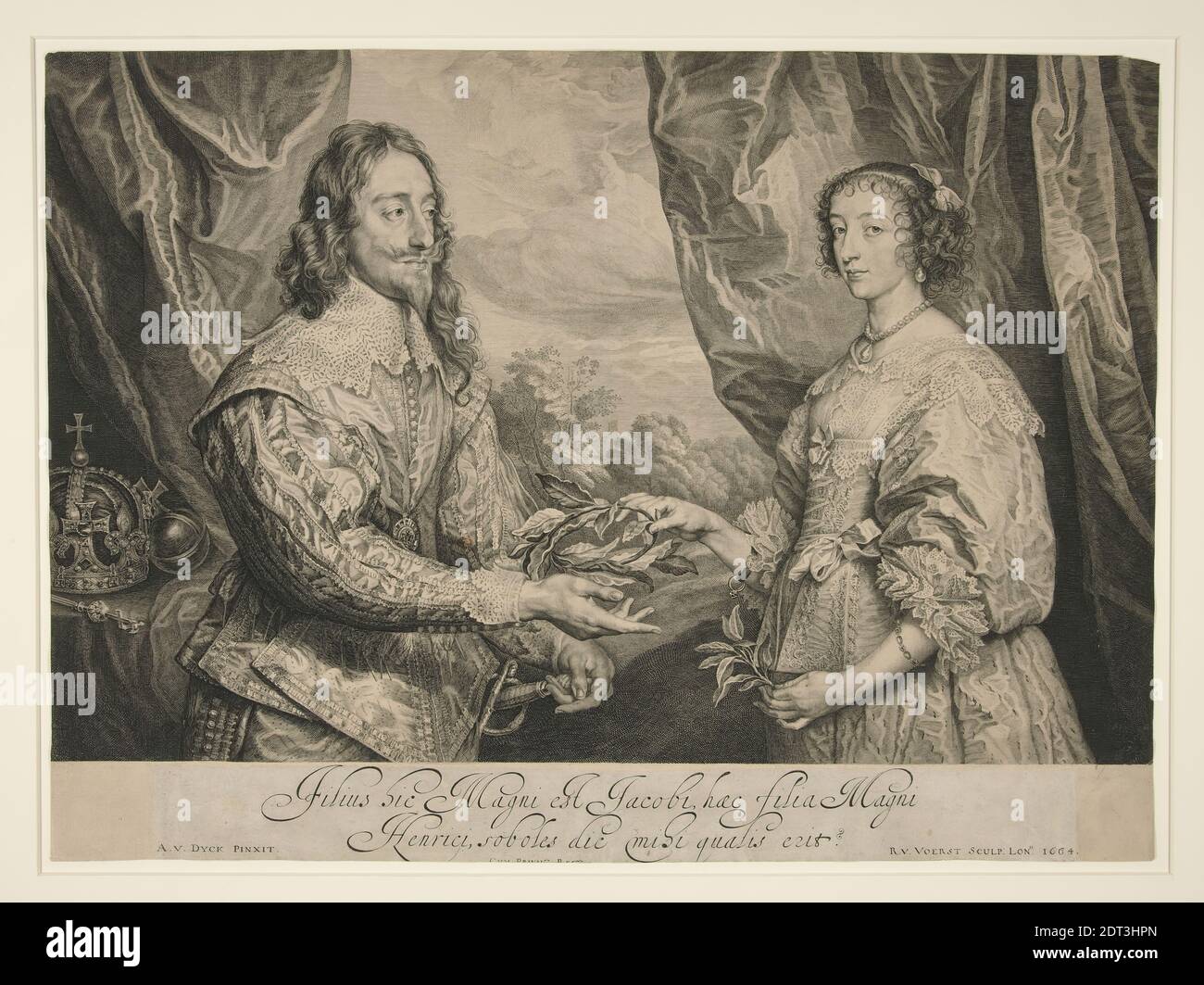 Kupferstecher: Robert van Voerst, Flämisch, 1597-1635/36, nach: Anthony van Dyck, Flämisch, 1599–1641, Karl I., König von England und seine Frau Henrietta Maria, Gravur, Bild: 35 × 55 cm (13 3/4 × 21 5/8 in.), Made in Flandern, Flämisch, 17. Jahrhundert, Arbeiten auf Papier - Drucke Stockfoto