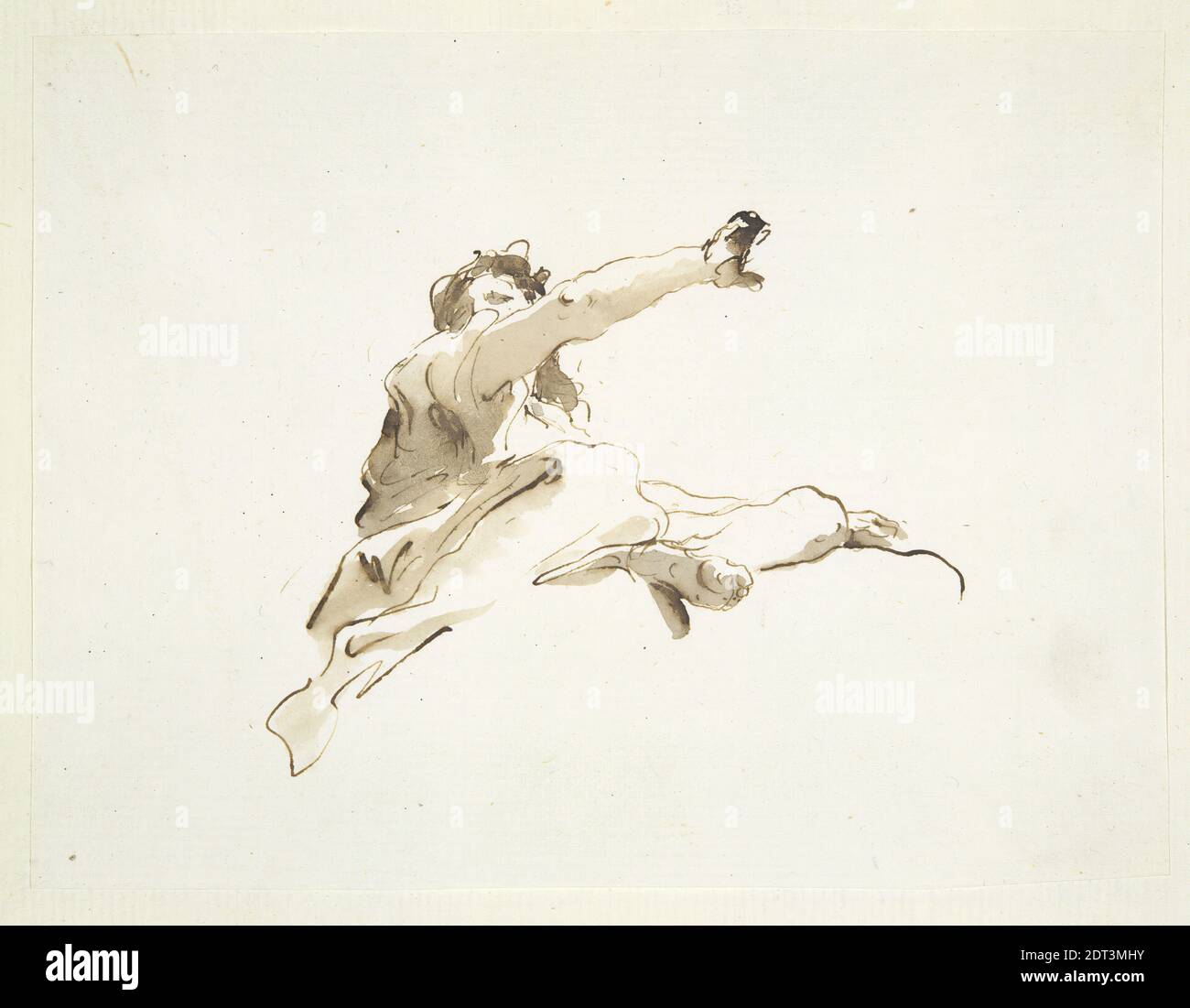 Künstler: Giovanni Battista Tiepolo, italienisch, Venedig, 1696–1770, sitzende Figur mit nach links und rechts gedrehtem Kopf, von unten gesehen, ca. 1740–50, Feder und braune Tinte und braune Wäsche, 15.6 × 20.8 cm (6 1/8 × 8 3/16 in.), italienisch, 18. Jahrhundert, Arbeiten auf Papier - Zeichnungen und Aquarelle Stockfoto