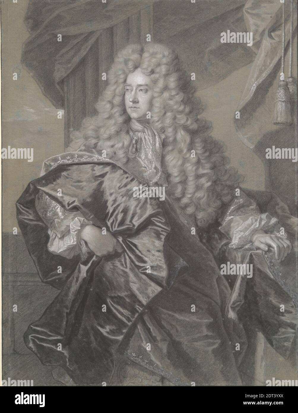 Künstler: Hyacinthe Rigaud, französisch, 1659–1743, Künstler, ehemals: Vienot, französisch, aktiv ca. 1700, Portrait of Edward Villiers, First Earl of Jersey, Graphite, Kreide, and wash mit Stift, Tinte und Kreide erhöht, Blatt: 37.4 × 28.7 cm (14 3/4 × 11 5/16 in.), Hyacinthe Rigaud's Arbeit präsentiert das bleibende Bild der spätbarocken Hofkultur von Louis XIV Versailles. Rigaud produzierte Staatsporträts von Königshäusern, Höflingen und ausländischen Besuchern, mit reicher Kleidung, vollen Perücken und königlichen Posen vor dem Hintergrund von Säulen und Vorhängen. Edward Villiers, ein Favorit am englischen Hof Stockfoto