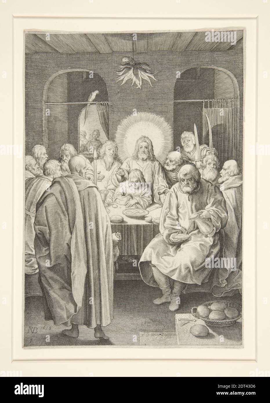 Künstler: Nicolaes de Bruyn, Flämisch, 1571–1656, nach: Hendrick Goltzius, Niederländisch, 1558–1617, das letzte Abendmahl (Passionsreihe), Gravur, 19.5 × 13.7 cm (7 11/16 × 5 3/8 in.), Made in Flandern, Flämisch, 16.–17. Jahrhundert, Arbeiten auf Papier - Drucke Stockfoto