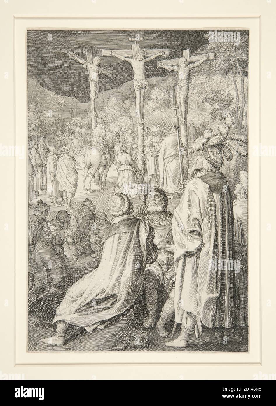 Künstler: Nicolaes de Bruyn, Flämisch, 1571–1656, nach: Hendrick Goltzius, Niederländisch, 1558–1617, die Kreuzigung (Passionsreihe), Gravur, 19.9 × 13.7 cm (7 13/16 × 5 3/8 in.), Made in Flandern, Flämisch, 16.–17. Jahrhundert, Arbeiten auf Papier - Drucke Stockfoto