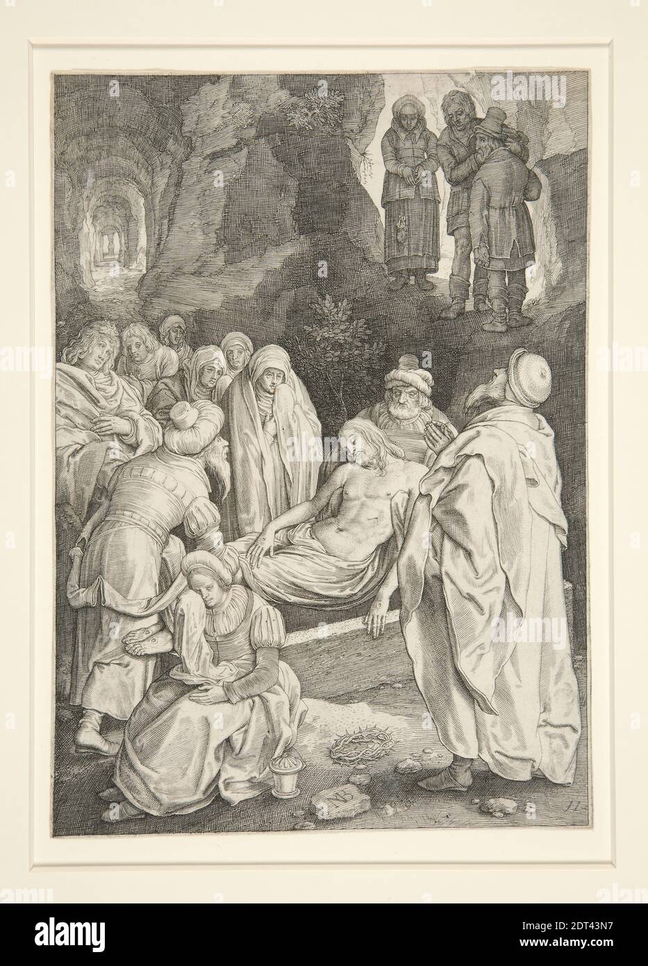 Künstler: Nicolaes de Bruyn, Flämisch, 1571–1656, nach: Hendrick Goltzius, Niederländisch, 1558–1617, die Entombment (Passionsreihe), Gravur, 19.9 × 14 cm (7 13/16 × 5 1/2 in.), Made in Flandern, Flämisch, 16.–17. Jahrhundert, Arbeiten auf Papier - Drucke Stockfoto