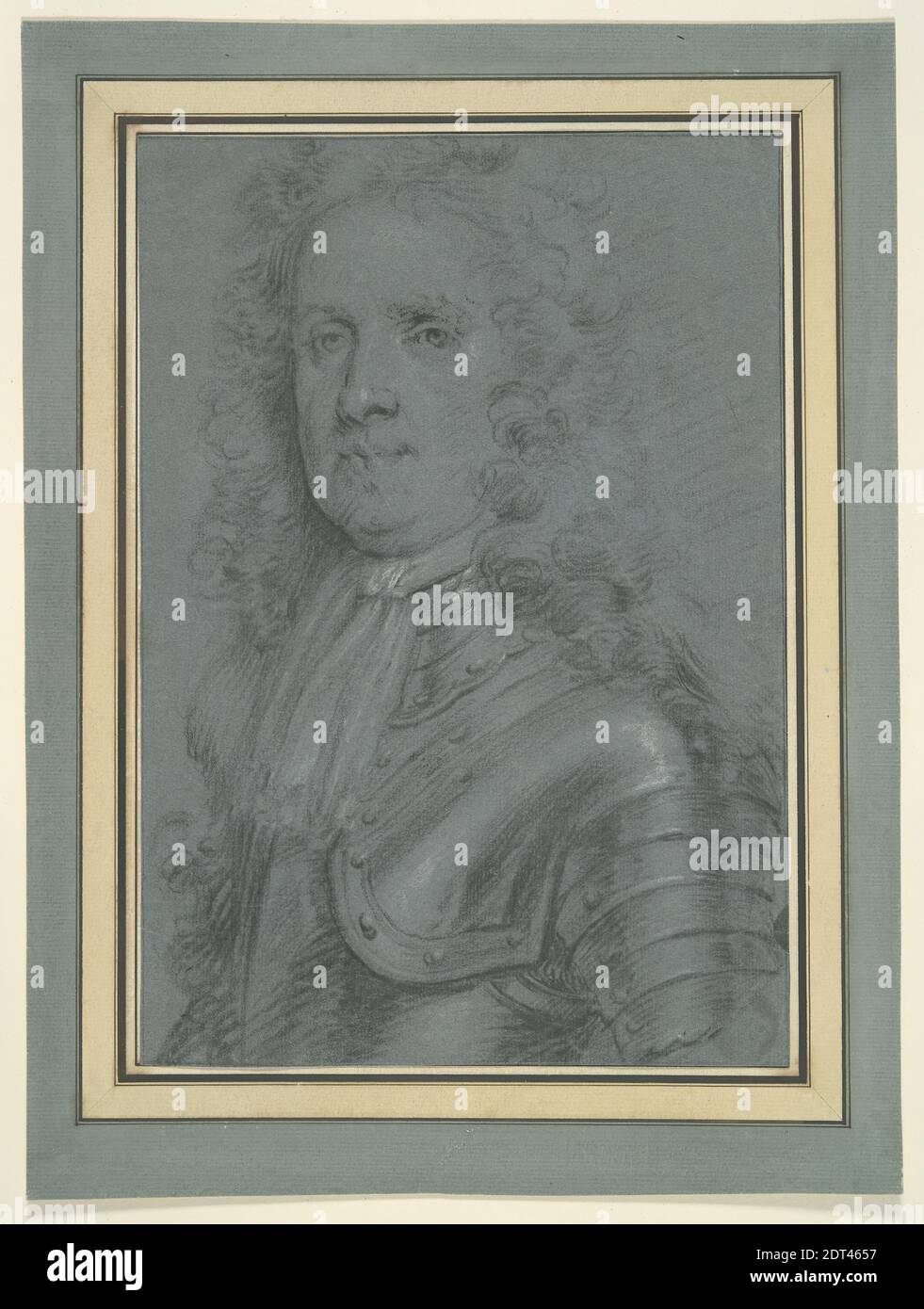 Portrait of A man in Armor, ca. 1650–1750, Holzkohle mit weißen Kreideelementen auf blauem Papier, 28.4 × 19.6 cm 11 3/16, Made in France, französisch, 17.–18. Jahrhundert, Arbeiten auf Papier - Zeichnungen und Aquarelle × 11/16 Stockfoto