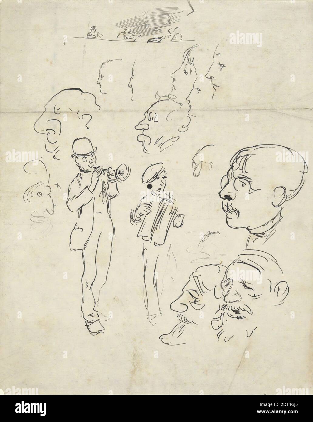 Künstler: Edwin Austin Abbey, amerikanisch, 1852–1911, M.A., 1897, Blatt der Studien: Köpfe und Musiker, Stift und schwarze Tinte, 25.4 × 20.3 cm (10 × 8 in.), Made in United States, amerikanisch, 19. Jahrhundert, Arbeiten auf Papier - Zeichnungen und Aquarelle Stockfoto