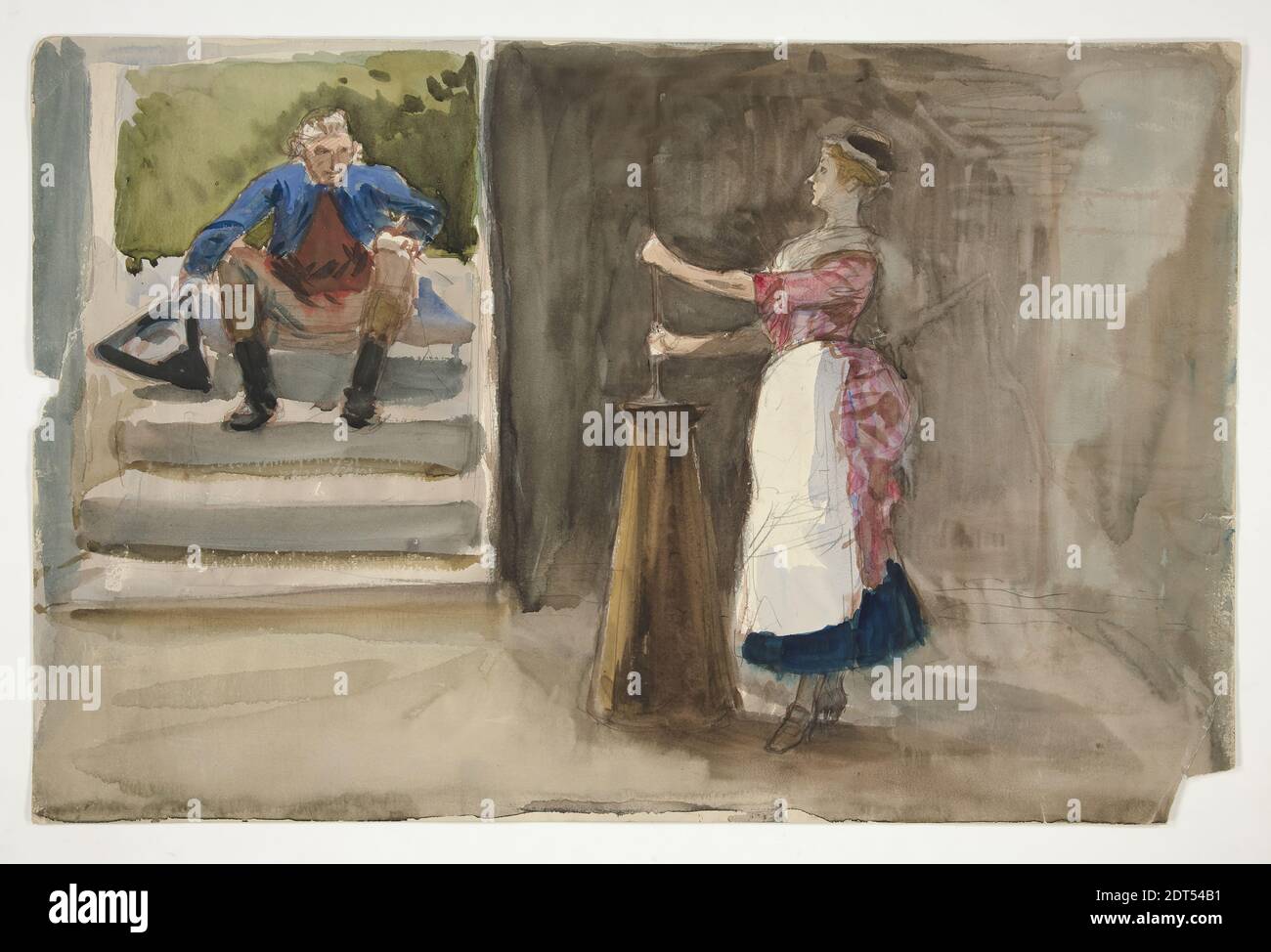 Künstler: Edwin Austin Abbey, Amerikaner, 1852–1911, M.A., 1897, Frau, die Butter krült, Mann in revolutionärer Kleidung beobachten - (unidentifizierte Illustration), Aquarell, Graphit, schwere Wove, 32.8 × 50.5 cm (12 15/16 × 19 7/8 in.), Made in United States, Amerikaner, 19. Jahrhundert, Arbeiten auf Papier - Zeichnungen und Aquarelle Stockfoto