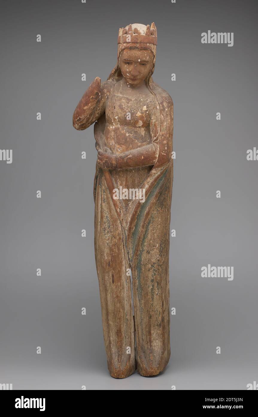 Künstler, möglicherweise von: Meister der Gualino Saint Catherine, Italienisch, aktiv 14. Jahrhundert, gekrönte weibliche Figur, ca. 1300, bemaltes Holz, 152.4 cm (60 in.), Italienisch, Umbrien, 14. Jahrhundert, Skulptur Stockfoto