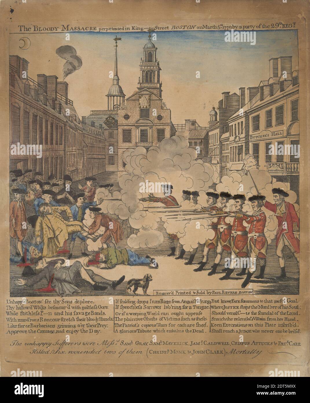 Künstler: Paul Revere, Amerikaner, 1735–1818, das blutige Massaker in der King-Street Boston am 5. März 1770 von einer Party des 29. Regt., handkolorierte Gravur, 11 1/2 × 9 3/4 in. (29.2 × 24.8 cm) war die Anwesenheit britischer Truppen im kolonialen Boston lange Zeit ein Streitpunkt innerhalb der Stadt. In der Nacht vom 5. März 1770 verhöhnte ein Mob lokaler Männer und Jungen einen britischen Wachmann, der am Zollhaus Bostons stand. Als andere Soldaten dem Wachposten zu Hilfe kamen, folgte ein Gefecht und Schüsse wurden in die wütende Menge abgefeuert. Geschäftsmann-turned-Politiker Samuel Adams erkannte die Stockfoto