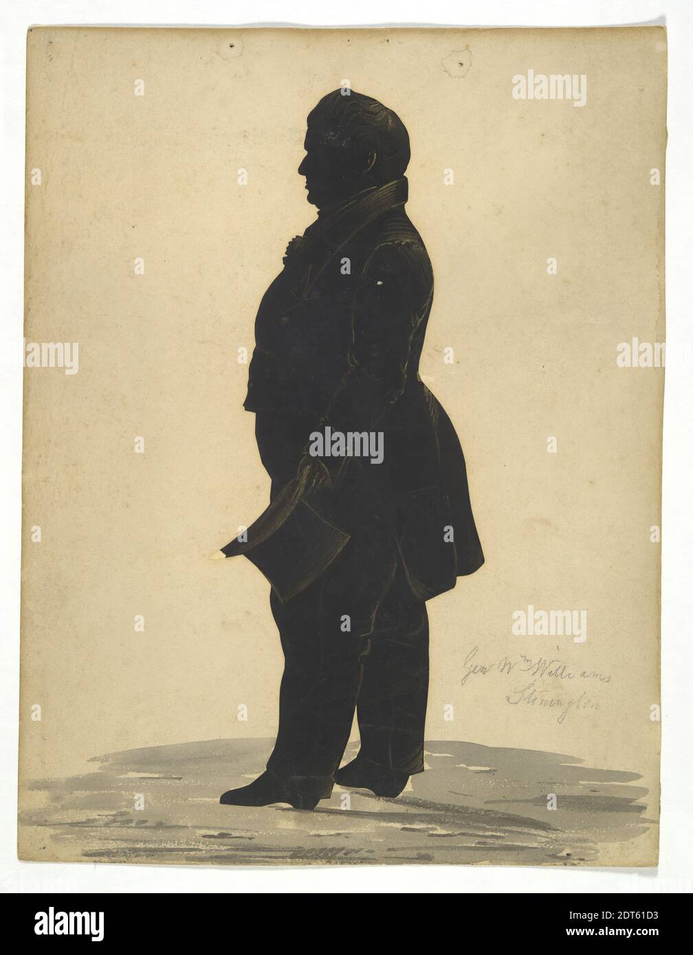 Silhouette von General William Williams, Ende des 18.–Mitte des 19. Jahrhunderts, Grauwäsche, Goldmetallic-Farbe und schwarzer Papierausschnitt auf weißem Wove-Papier, 21.6 × 20 cm (8 1/2 × 7 7/8 Zoll), hergestellt in den Vereinigten Staaten, Amerika, 19. Jahrhundert, Works on Paper - Zeichnungen und Aquarelle Stockfoto