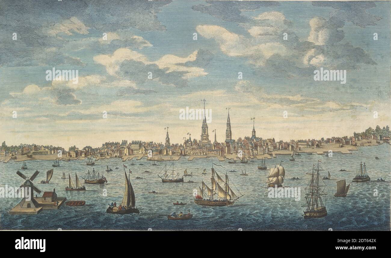 Künstler: George Heap, Amerikaner, 1714–1752, ein Blick in die östliche Perspektive der Stadt Philadelphia, in der Provinz Pennsylvania, in Nordamerika: Aus der Jersey Shore, farbige Strichgravur, Blatt: 27.31 × 42.23 cm (10 3/4 × 16 5/8 Zoll), Boston und Philadelphia, zwei der wichtigsten nordamerikanischen Städte im achtzehnten Jahrhundert, waren sowohl maritime und kommerzielle Zentren. Ihre Häfen sind in diesen beiden Stichen deutlich zu sehen (siehe 1946.9.1743), nicht nur, weil das offene Wasser einen ungehinderten blick bot, sondern auch, weil die Häfen in den Städten eine dominierende Rolle spielten Stockfoto