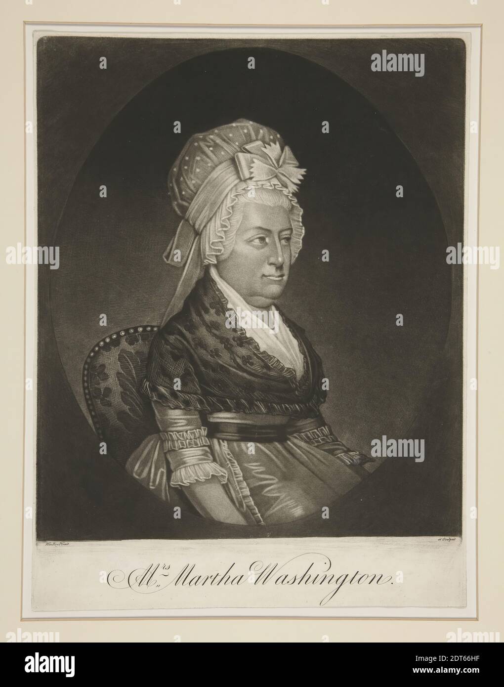 Künstler: William Woolley, Brite, aktive USA, 1797–1825, Mrs. Martha Washington, ca. 1800, Mezzotint-Gravur, schwarz-weiß, Blatt: 33.7 × 25.5 cm (13 1/4 × 10 1/16 in.), Made in USA, Amerikaner, 19. Jahrhundert, Arbeiten auf Papier - Drucke Stockfoto