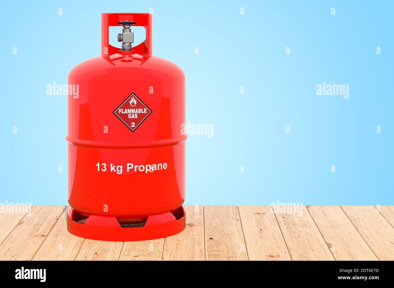 Propangaszylinder mit komprimiertem Gas auf den Holzbohlen, 3D-Rendering Stockfoto