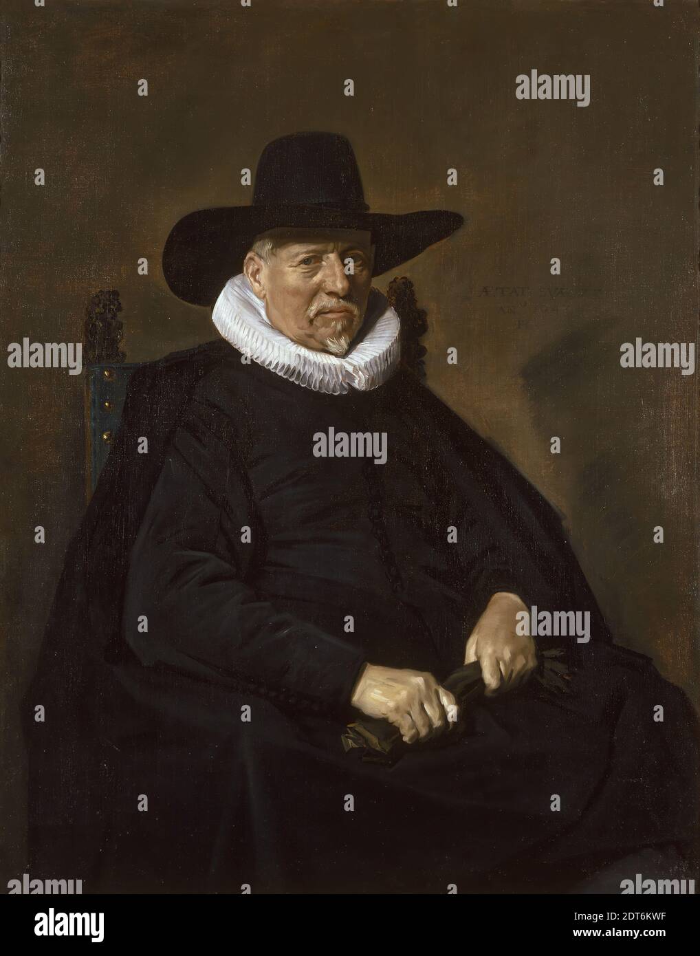 Künstler: Frans Hals, Niederländisch, ca. 1582/83–1666, Porträt eines älteren Mannes, traditionell Heer Bodolphe genannt, Öl auf Leinwand, ungerahmt: 122.4 × 97.5 cm (48 3/16 × 38 3/8 in.), Frans Hals wurde in Antwerpen geboren, der Sohn eines Wäschers und Weber aus Malines. Im Wesentlichen ein Figurenmaler, malte er schillernde Militärgruppen und solide bürgerliche Porträts, wie die des Paares Bodolphe (siehe auch 1961.18.24), sowie schnelle Skizzen von Fischern-Jungen, Ragamuffins und Wirtshausdiener. Der düstere Ton dieser beiden Porträts kontrastiert mit seinen früheren Bildern, die in hellen, schlaffen Strichen ausgeführt wurden Stockfoto