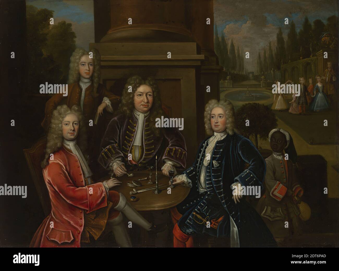 Elihu Yale sitzt am Tisch mit dem zweiten Herzog von Devonshire und Lord James Cavendish, ca. 1708, Öl auf Kupfer, 39.4 × 53.3 × 0.2 cm (15 1/2 × 21 × 1/16 in.), nicht zu sehen, British(?), 18. Jahrhundert, Gemälde Stockfoto