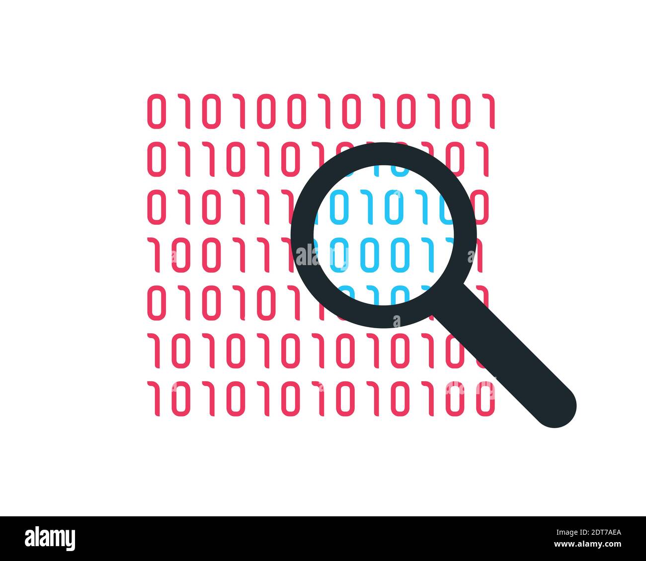 Binärcode. Helles Symbol . Binäres Symbol mit Lupe . Isoliert auf weißem Hintergrund. Stock Vektor
