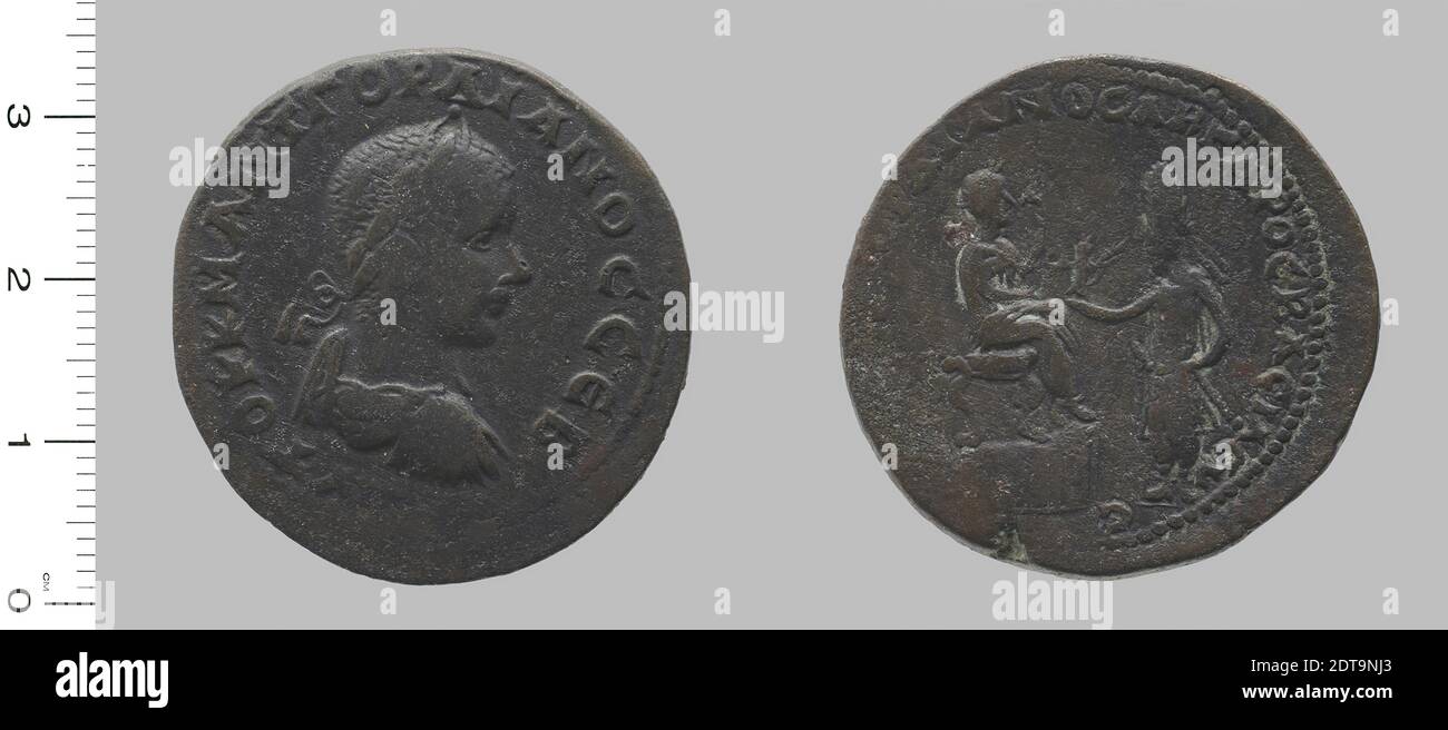 Herrscher: Gordian III., Kaiser von Rom, 225–244, regiert 238–44, Herrscher: Abgar X, König von Edessa, regiert 242–44 n. Chr., Münzstätte: Edessa, Mesopotamien, Münze von Gordian III., Kaiser von Rom; Abgar X, König von Edessa von Edessa, 242–44, Bronze, 18.18 g, 10:00, 33 mm, Made in Edessa, Mesopotamien, römische Numismatik Stockfoto