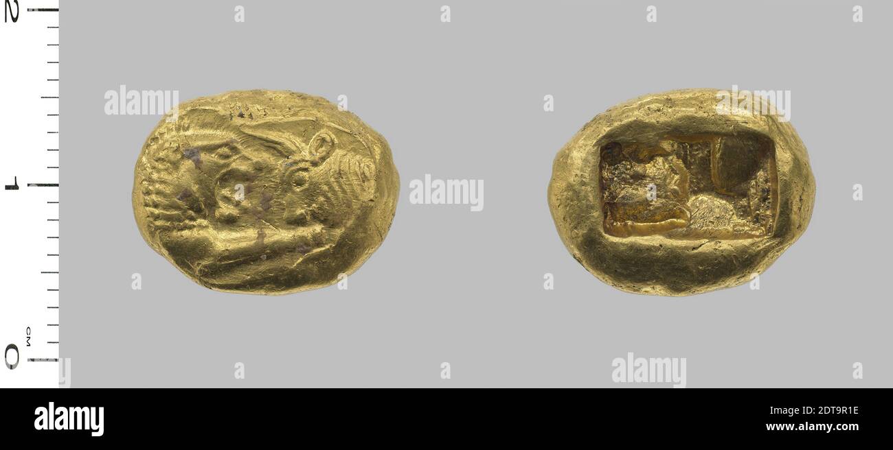 Münzstätte: Sardis, Stater von Sardis, 560–525 v. Chr., Gold, 8.055 g, 15 mm, hergestellt in Sardis, Lydia, griechisch, 6. Jahrhundert v. Chr., Numismatik Stockfoto