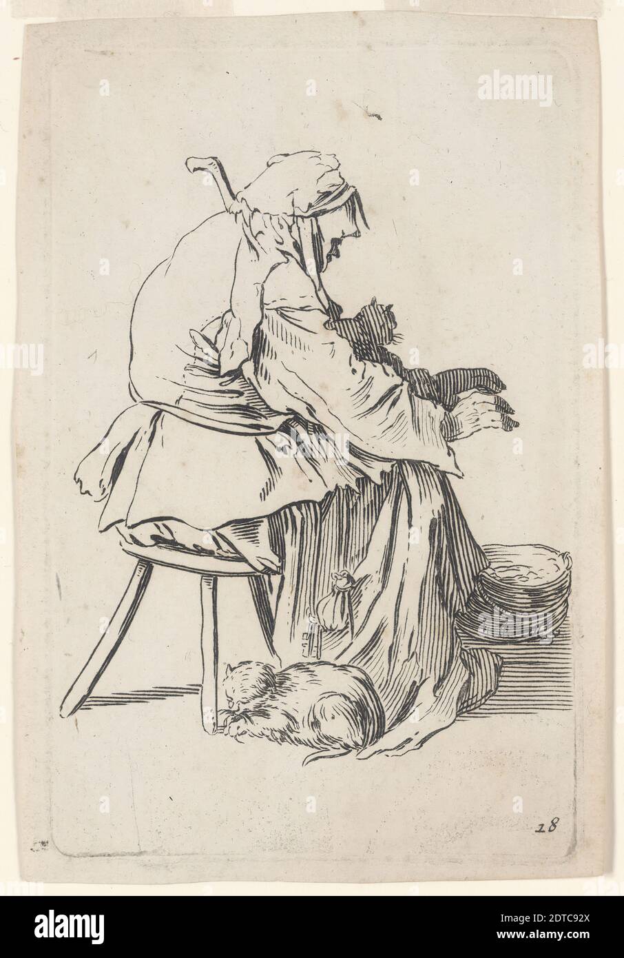 Danach: Jacques Callot, französisch, 1592–1635, La vieille aux Chats (die alte Frau mit Katzen), aus Les Gueux, Gravieren, Platemark: 13.5 × 8.7 cm (5 5/16 × 3 7/16 in.), französisch, 17. Jahrhundert, Arbeiten auf Papier - Drucke Stockfoto