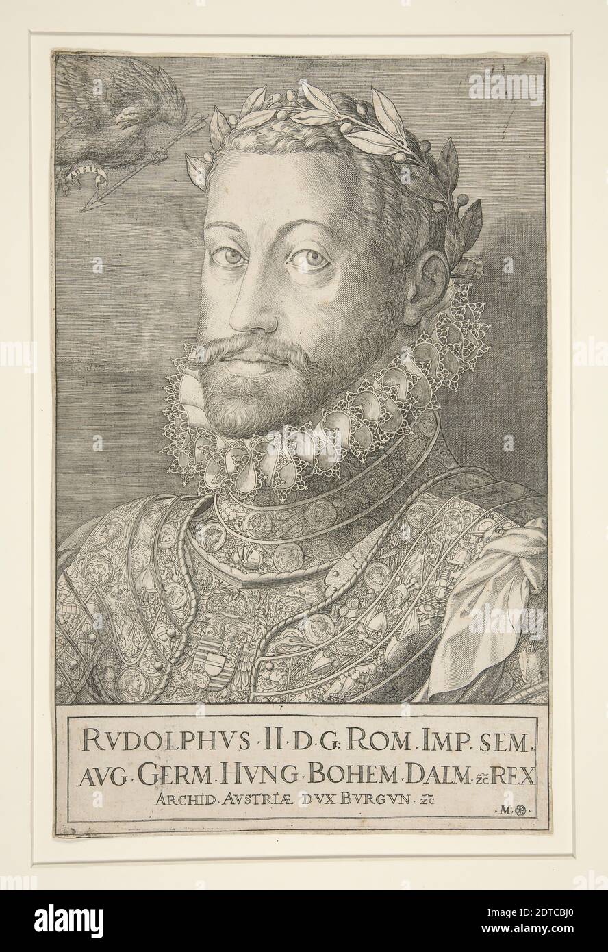 Graveur: Martino Rota, italienisch, ca. 1520–1583, Kaiser Rudolf II. (König von Ungarn und Böhmen, 1552–1612), ca. 1576–1580, Radierung und Gravur, Bild: 27.4 × 17.4 cm (10 13/16 × 6 7/8 in.), Italienisch, 16. Jahrhundert, Papierarbeiten - Drucke Stockfoto